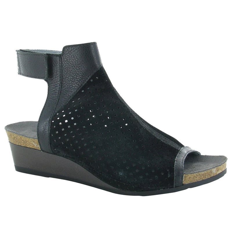 Naot Oz Gladiator Sandal (5041) Womens Shoes Perforated Black Suede/Black Madras Lthr/Black Velvet Nubuck