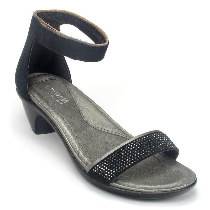 Naot Progress Dress Sandal (40037) Womens Shoes Black Velvet Nubuck/Sterling Lthr/Black w Metal Rivets