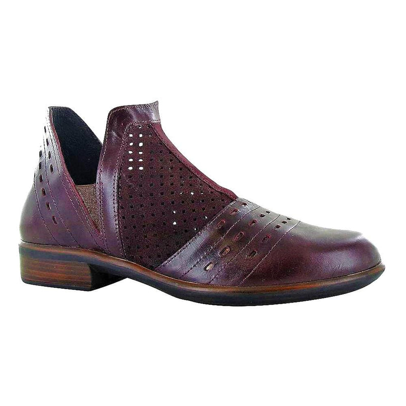 Naot Rivotra Ankle Bootie (26061) Womens Shoes Perf. Burgundy Suede/Bordeaux Leather/Glass Silver/Violet Nubuck