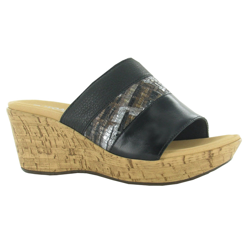 Naot Tiki Wedge Sandal (87004) Womens Shoes Black Madras Lthr/Mixed Metallic Lthr/Soft Black Lthr