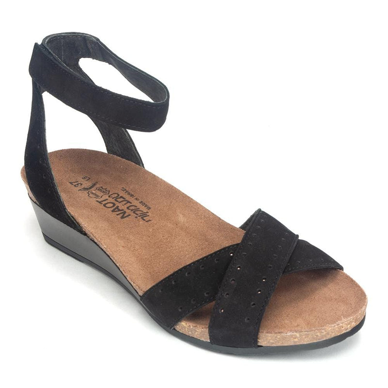 Naot Wand Ankle Strap Sandal (5032) Womens Shoes Black Velvet Nubuck/Glass Brown