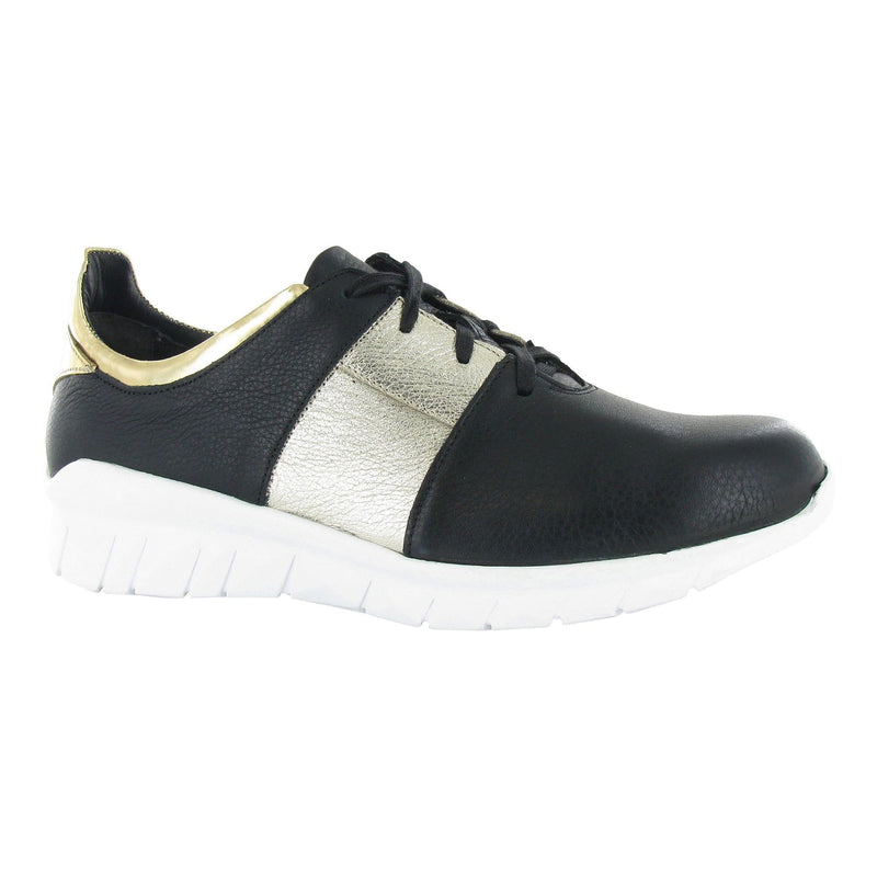 Naot Buzz Sneaker (18019) Womens Shoes Soft Black Lthr/Radiant Gold Lthr/Soft Black Lthr/Gold Lthr