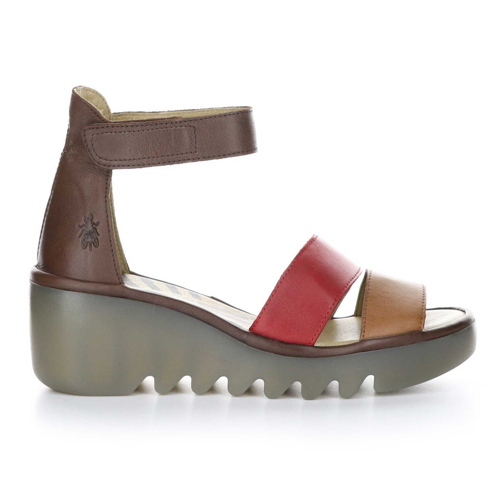 Fly London Bono Wedge Sandal Womens Shoes 001 Tan/Cherry/Brown