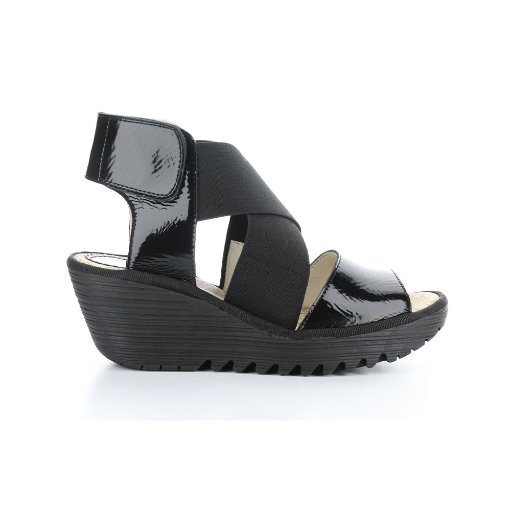 Fly London Yuba Wedge Sandal Womens Shoes Blk Patent