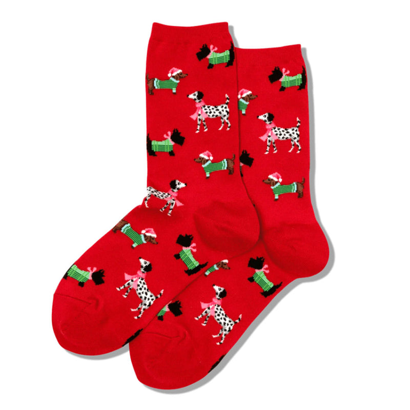 Hot Sox Christmas Dogs Crew Womens Hosiery Red