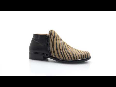 Naot Women's Helm Leather Anatomic Cork Footbed Bootie SJG Tan Zebra/Soft Black | Simons Shoes