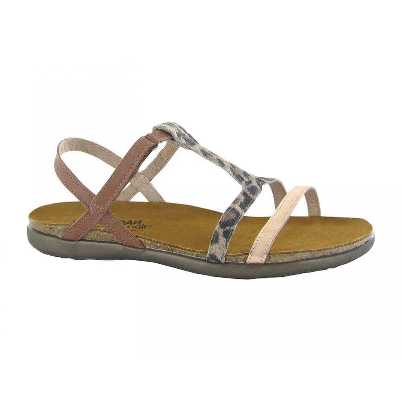 Naot Judith T-Strap Sandal (7349) Womens Shoes Rose Gold Lthr/Cheetah Suede/Mocha Rose Lthr