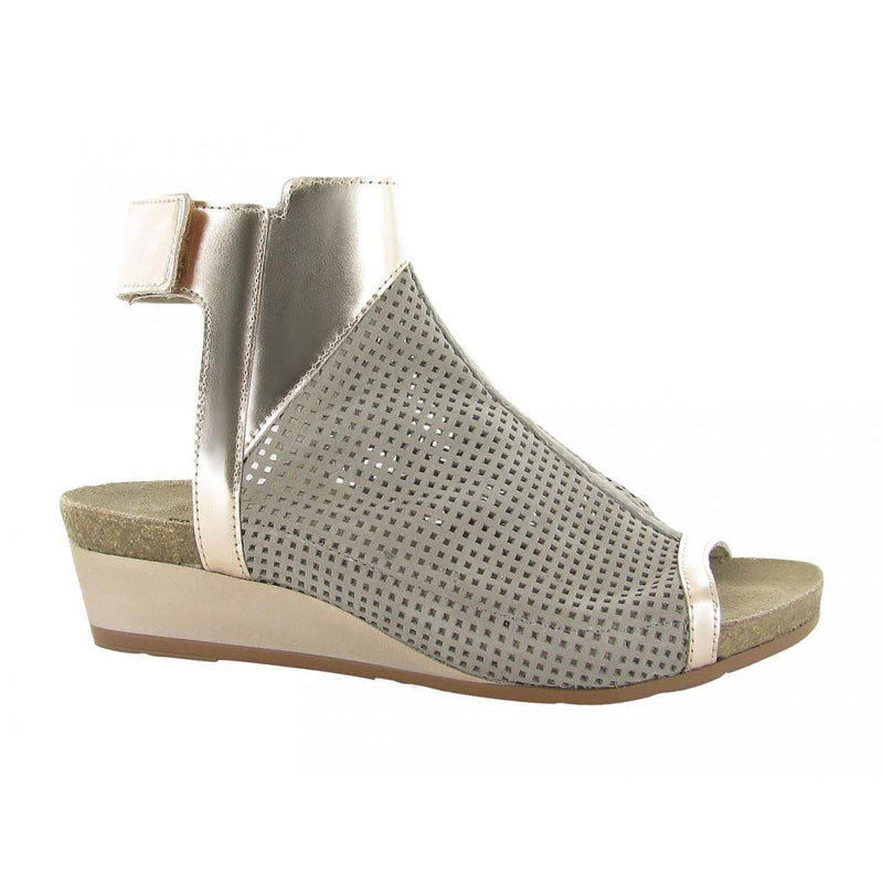 Naot Oz Gladiator Sandal (5041) Womens Shoes Perforated Stone Nubuck/Rose Gold Lthr/Stone Nubuck