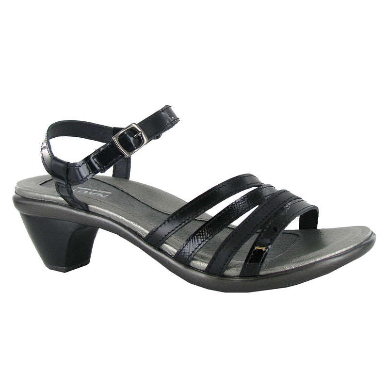 Naot Current Backstrap Heel (40015) Womens Shoes Black Patent/Black Madras/Black Luster