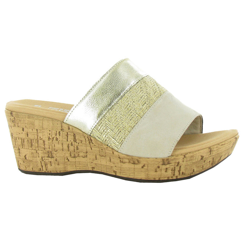 Naot Tiki Wedge Sandal (87004) Womens Shoes Beige Nubuck/Gold Jute/Radiant Gold Lthr